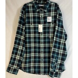 NWT Men's Sonoma Supersoft Teal Black Double Brushed Flannel Plaid Shirt Large